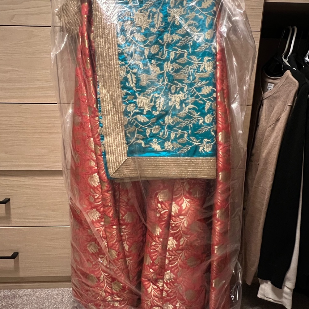 Elegant Red and Blue Embroidered Lehengha